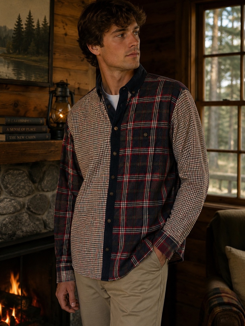 Le 31 Heritage Patchwork Plaid Shirt Corduroy Collar 100% Cotton Size L Cabine